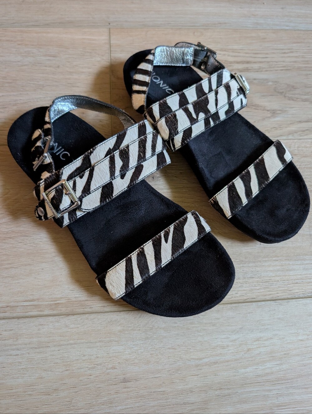 Vionic Black and White Zebra Strap Sandals